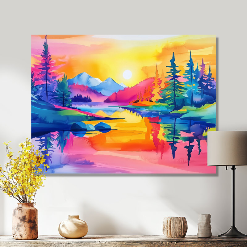 «Lake On The Sunset Mountains Horizons I», impression sur métal, paysages, H 34 po x l 44 po