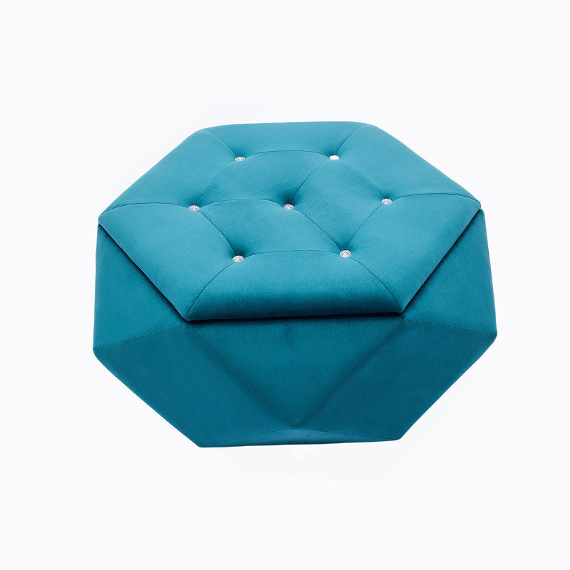 Élégant repose-pieds capitonné avec rangement en velours de diamant Polygon, repose-pieds multifonctionnel et siège pour la maison, rangement confortable et pratique pour le salon et la chambre à coucher, bleu