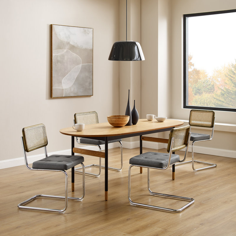 Lidda Tufted Upholstered Dining Side Chair with Cane Rattan Back, Gray