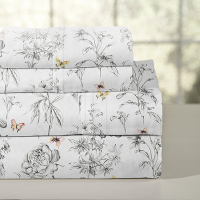 Pointehaven Pollen Printed Cotton Percale 3 pc Sheet Set, Twin