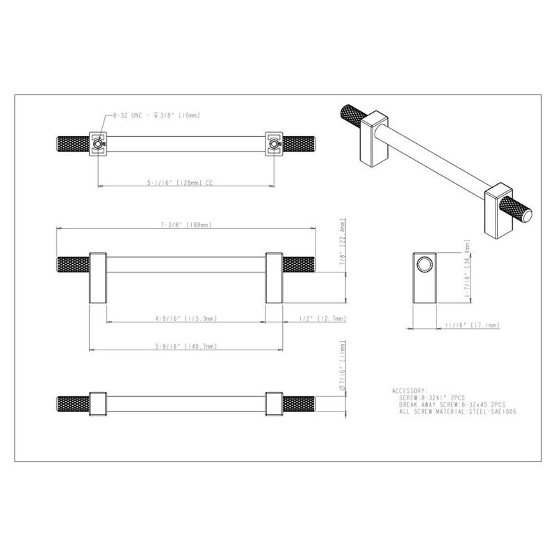 Larkin 4 Knurled Ends Bar Pull, 3 3/4", Satin Bronze