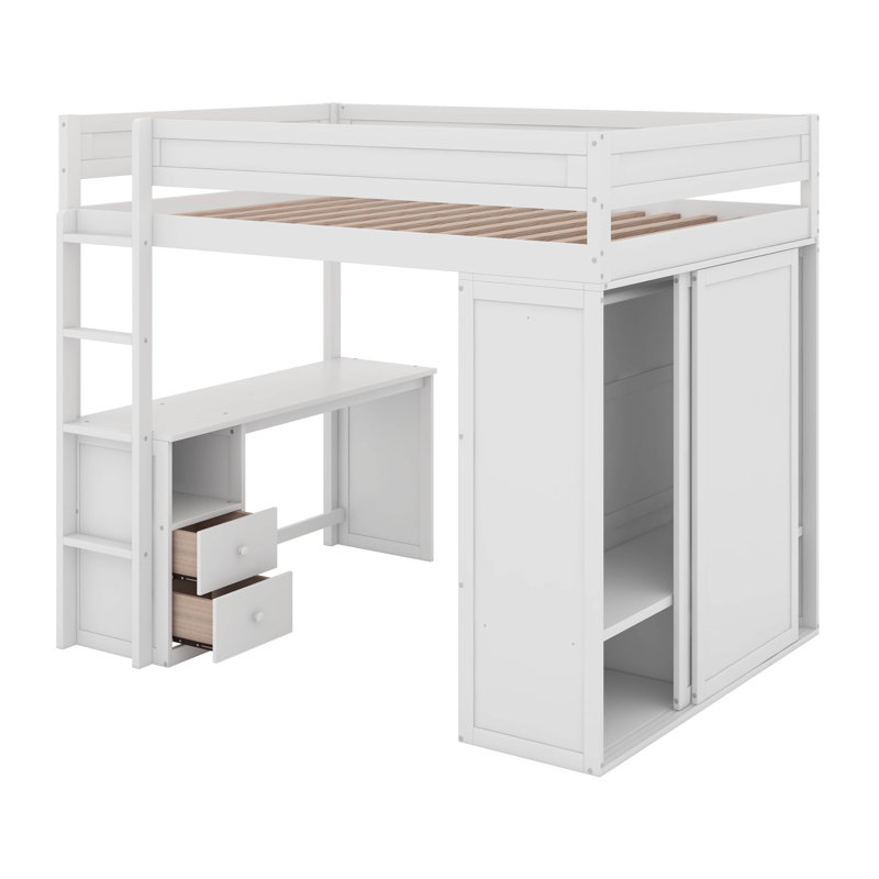 Lit mezzanine double avec placards et bureau, Blanc
