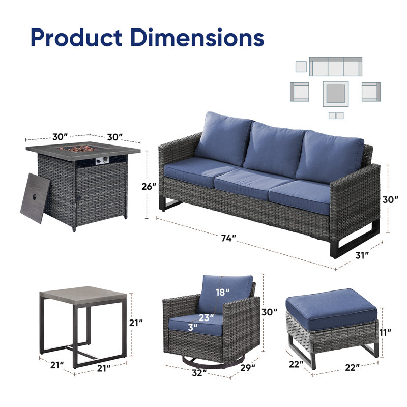 Naresa 7-Piece Outdoor Sofa Set, Wicker Patio Furniture Set With Fire Pit Table, All-Weather PE Wicker, Blue