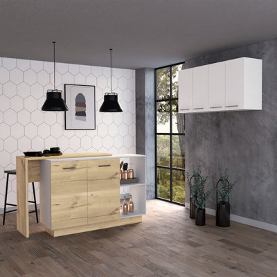 Ensemble de cuisine 2 pièces à 6 tablettes et 2 portes avec îlot de cuisine et armoire murale blanc et chêne clair