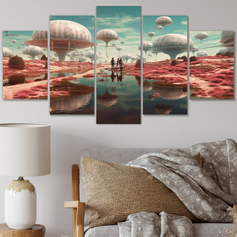 Futuriste Visions, paysage lunaire surréaliste, art abstrait sur toile, 5 panneaux