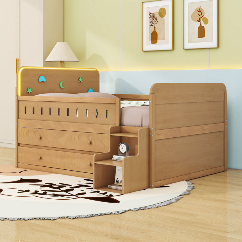 Lit double en bois pour enfants avec 4 tiroirs et tête de lit à DEL, Couleur du bois