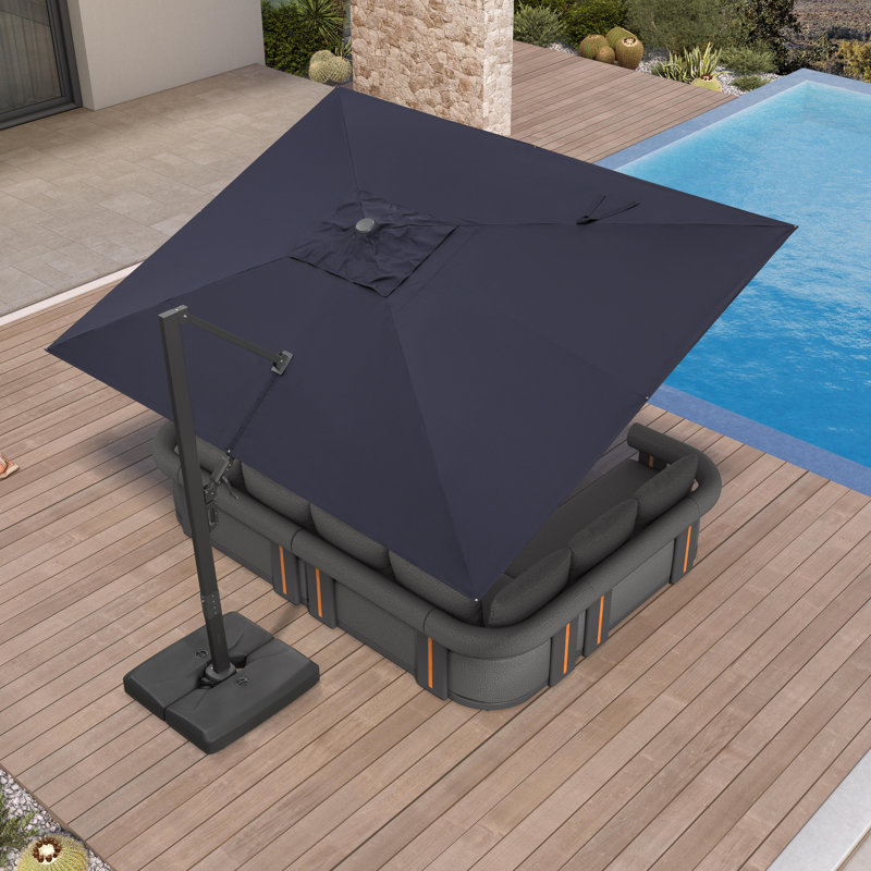 Grand parasol rectangulaire extérieur en porte-à-faux décalé en aluminium 120 po x 156 po avec base et rotation à 360 degrés