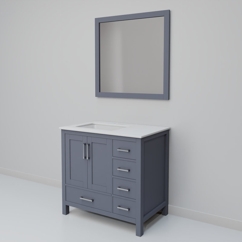 Jacques 36 in. W x 22 in. D Left Offset Bath Vanity and 34 in. Mirror, Dark Gray, White Carrara Marble
