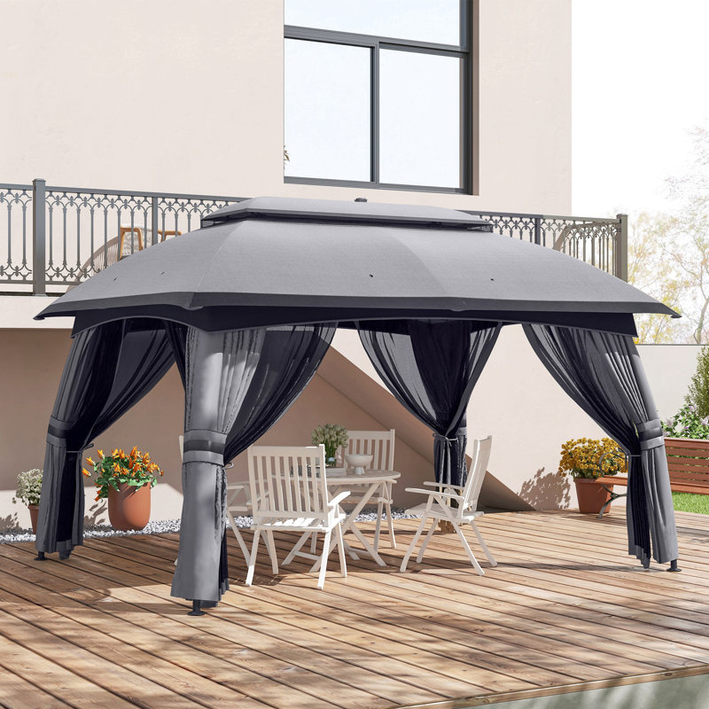 Pavillon de jardin d'extérieur 10 pi x 13 pi avec abri de jardin avec filet Outsunny, toit ventilé, structure en acier pour le jardin, la pelouse, la cour et la terrasse, gris foncé