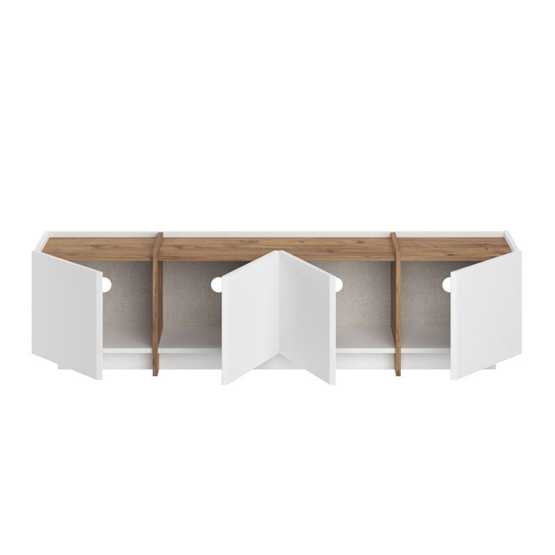 Meuble télé moderne avec charnières à fermeture en douceur, finition blanche et pin atlantique, 70,9 x 18,1 x 13,8 pouces | 100% panneau de particules enduit de mélamine, épaisseur: 0,7 pouce | Design élégant et fonctionnel pour le salon et les espaces de divertissement