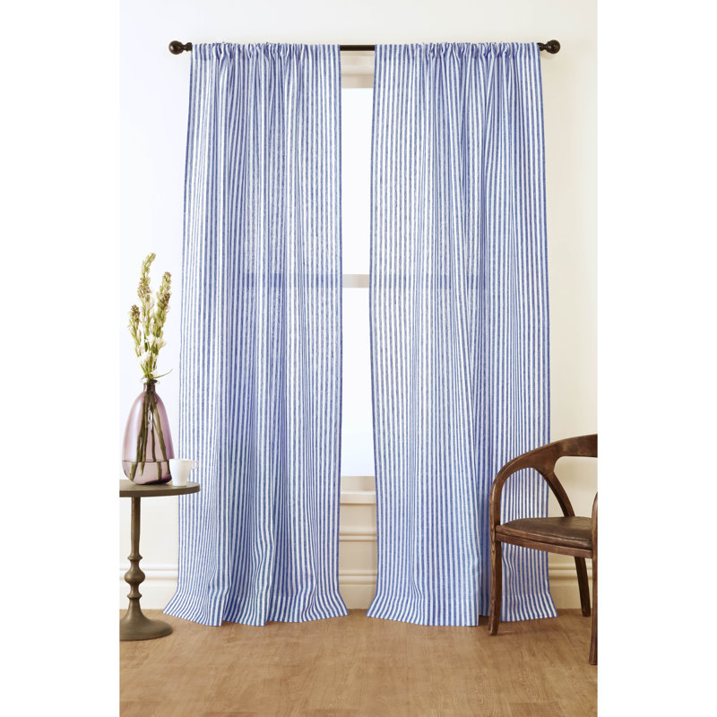  Stripe - 100% Pure Linen Curtain, Navy and White, 52" W x 84" L