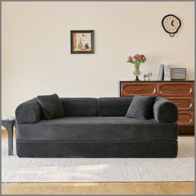 Canapé à compression de 78,8 po, canapé-lit convertible au sol avec accoudoirs avec dossier coussiné, canapé-lit futon confortable, canapé modulaire désossé Loveseat, tissu en velours côtelé, pour le salon, la chambre à coucher, noir