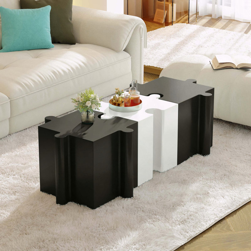 3-Piece Modular Interlocking Mgo Puzzle Table Set, Black/White