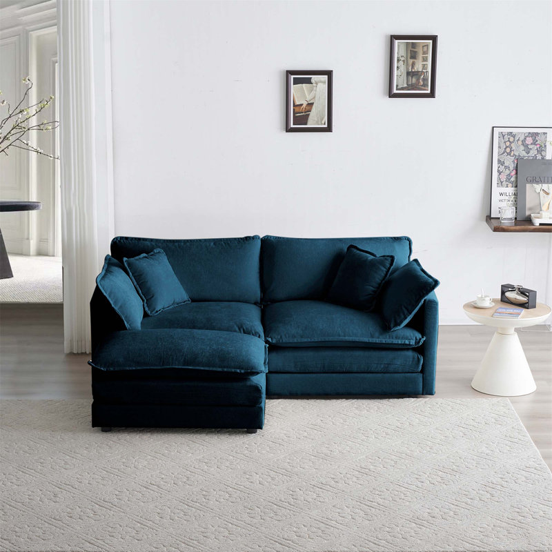 Canapé modulaire en L en chenille à deux places avec repose-pieds, idéal pour les petits espaces de vie et un confort maximal