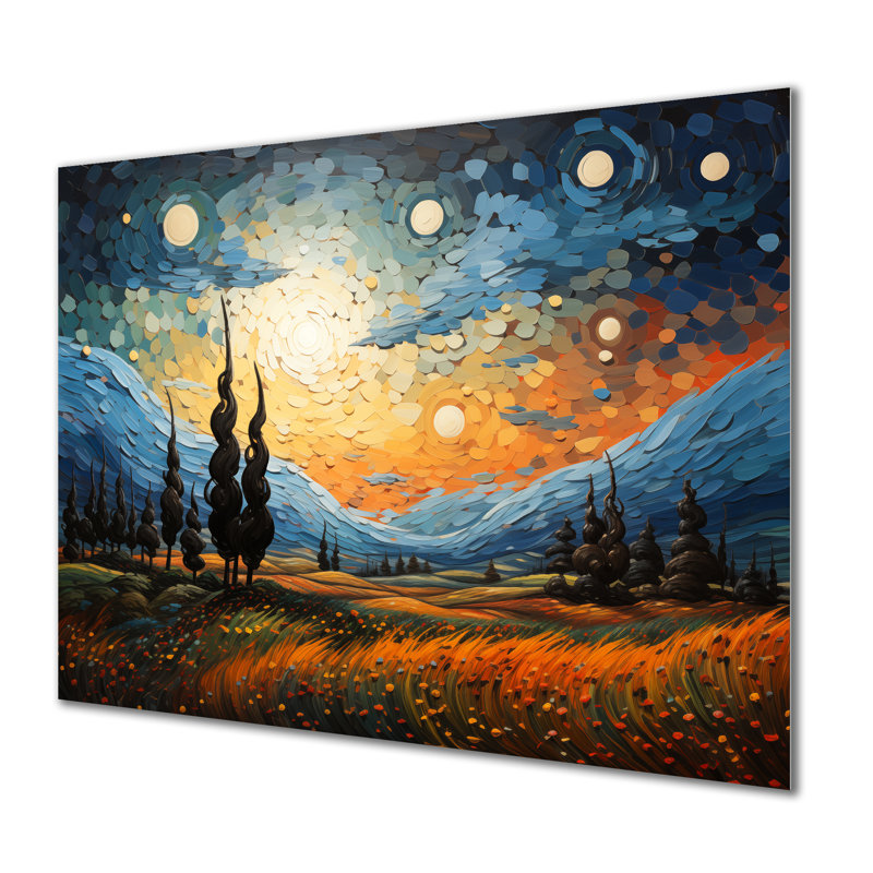 «The Swaying Cypress Pointillism II - Vangogh», impression sur métal, H 12 po x l 20 po