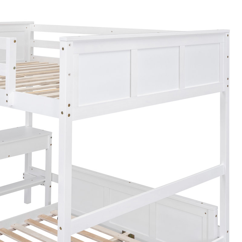 Lit double superposé au dessus d'un lit double avec bureau, Blanc, Lit double
