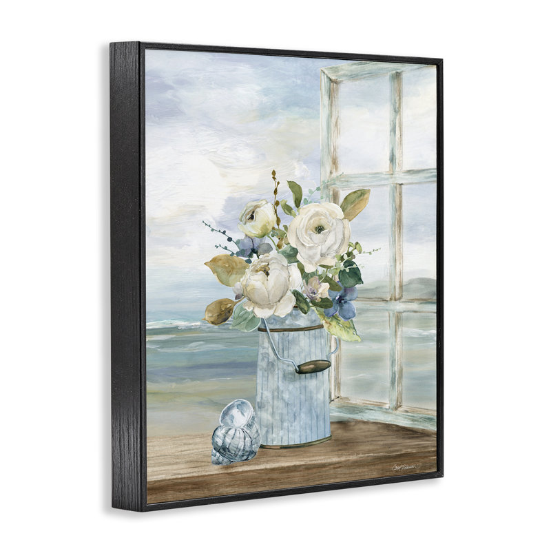 Fleurs de bord de mer sur un rebord de fenêtre, estampe numérique, design par Carol Robinson, Giclée noire de minuit encadrée