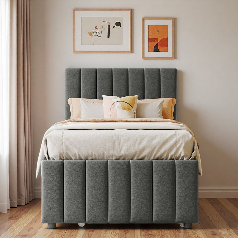 Lit plateforme tapissier avec lit gigogne et 3 tiroirs, gris