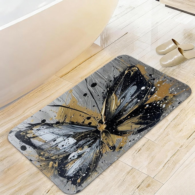 32"x20" IN Fluffy Non Slip Black Gold Butterfly Mat Bathroom Entryway Floor Rug
