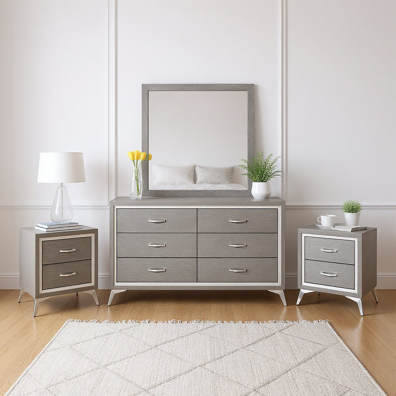 Ensemble de chambre à coucher en bois 3 pièces avec commode et 2 tables de chevet Maxo, gris, Gris/argent