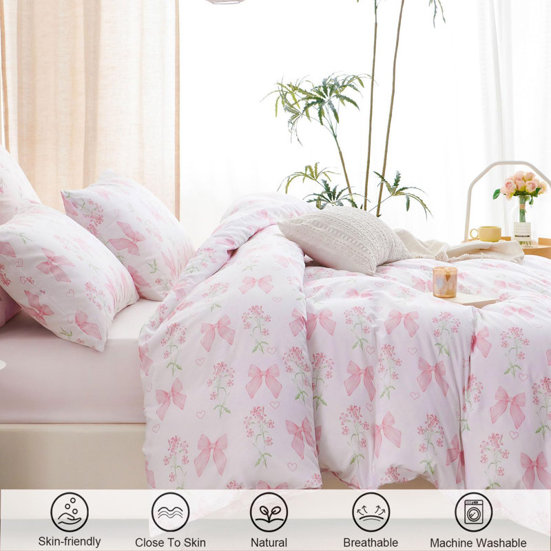 Ensemble de housse de couette Bow Bedding Ensemble de housse de couette à motif floral rose