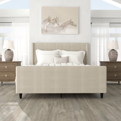 High Headboard Corduroy Upholstered Bed Frame With Vertical Stripe Wingback And High Footboard