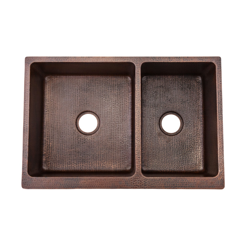 33" Hammered Copper Kitchen Apron 60/40 Double Basin Sink with Matching Drains, and Accessories