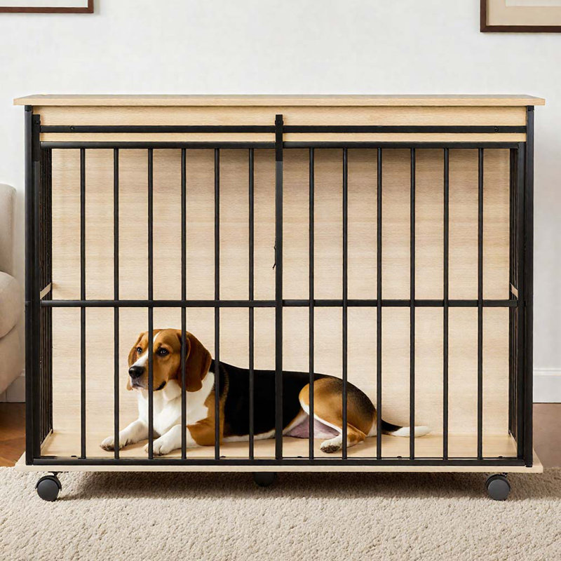 Mobilier pour grande cage avec plateau pour chiens de taille moyenne, Noir, naturel