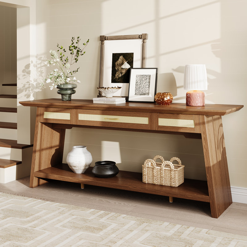 Table d'entrée en rotin 70,9 po avec tiroir, console étroite et longue pour le salon, couloir, canapé derrière, brun rustique