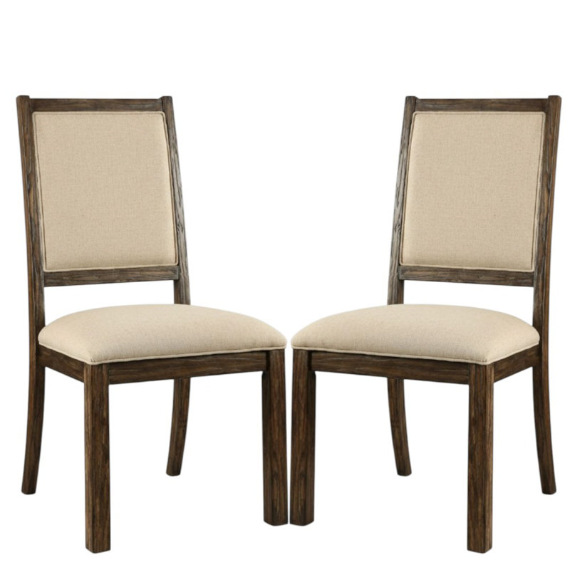 Tadrian Rustic Oak And Beige Fabric Side Chair Set Of 2 With Padded Back And Seat