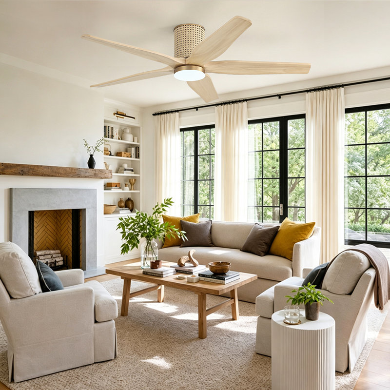 Ventilateur de plafond encastré de 54 po à 5 pales avec éclairage, pales en bois massif, télécommande, silencieux, moteur à courant continu réversible, pales en bois naturel