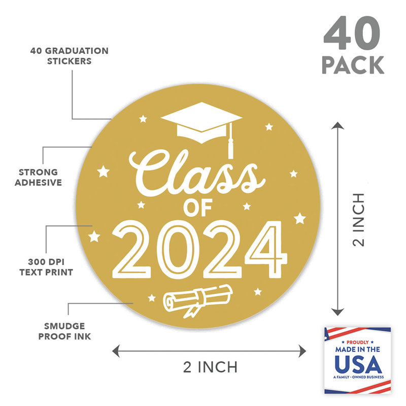 2024 autocollants de graduation, rouge, cadeaux de fête, paquet de 40 en vrac, 2 pouces, Jaune