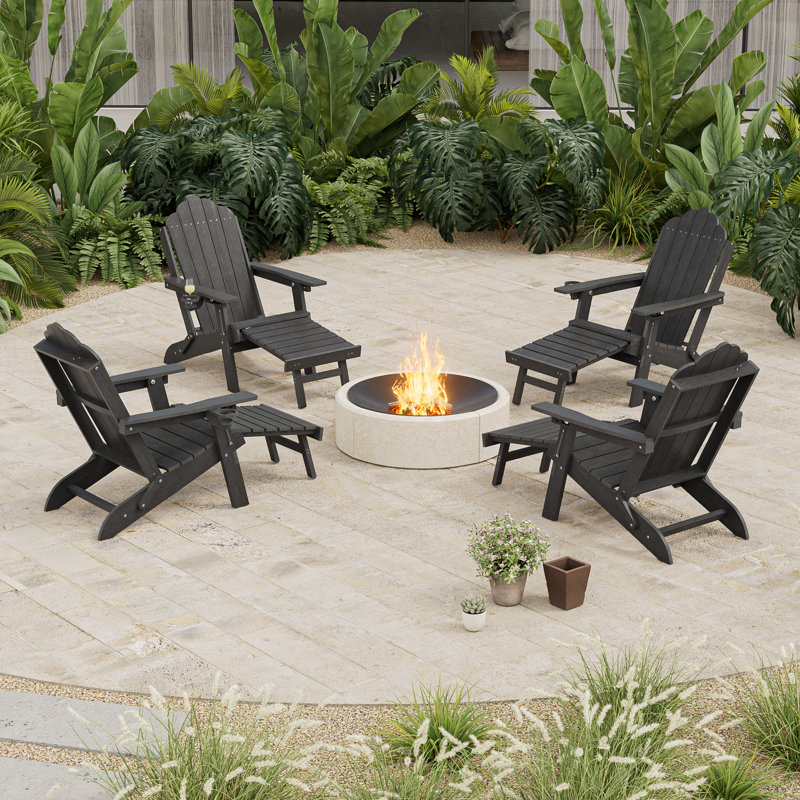 HDPE Foldable Outdoor Adirondack Chair 3-Postion Adjustable with Retractable Ottoman & All-Weather Outdoor Chair for Garden, Lawn & Porch