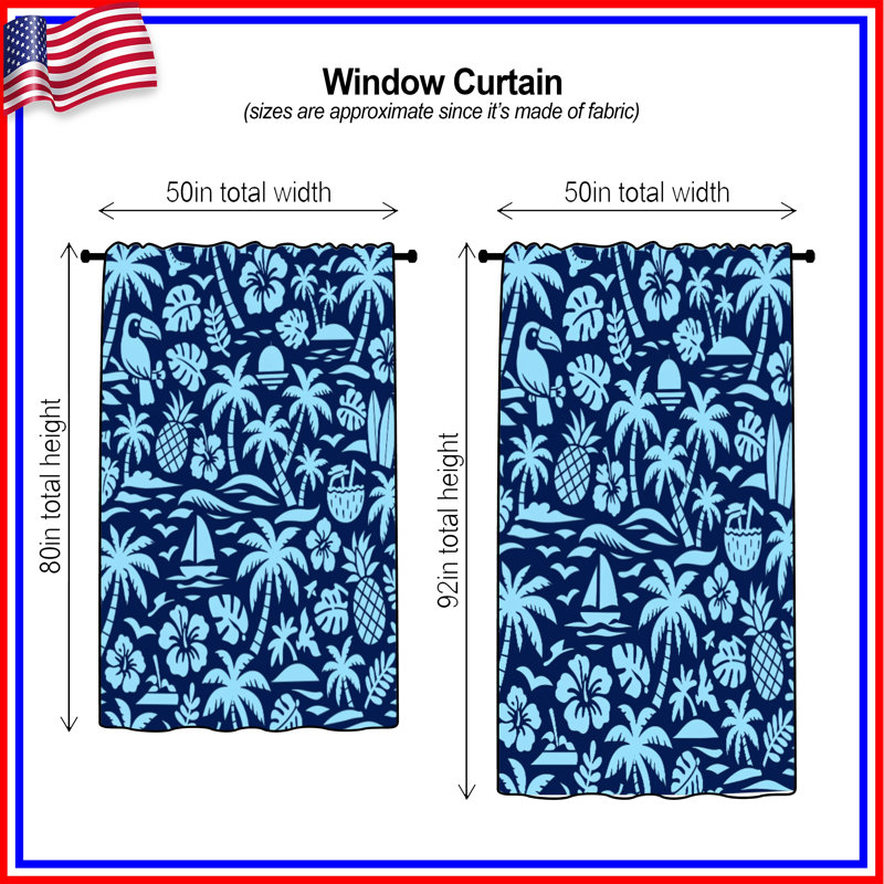 Rideaux de fenêtre bleu à motif tropical, 50 po x 92 po - 1 panneau, Transparent