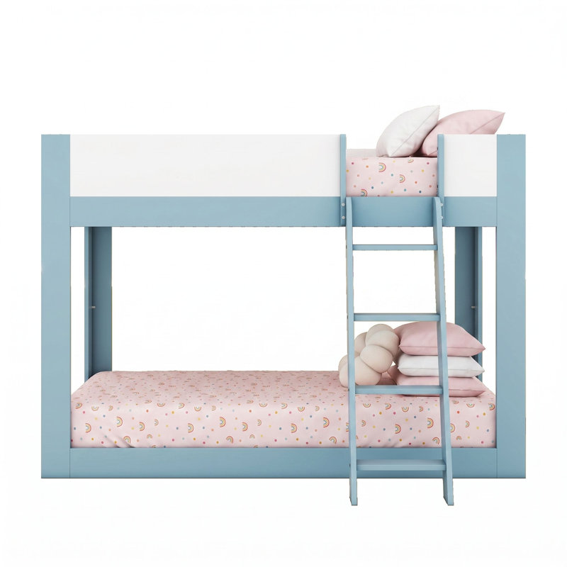 Lit superposé en bois avec échelle, garde-corps et lattes, Simple sur simple, Bleu/blanc