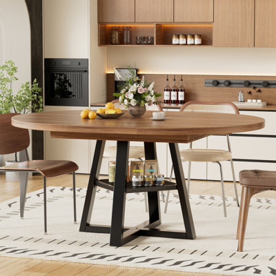 43.3''-59'' Extendable Round Dining Table For 4-8, Modern Farmhouse Kitchen Oval Dining Table With Removable Leaves Space Saving, Expandable Table With Iron Base For Kitchen Living