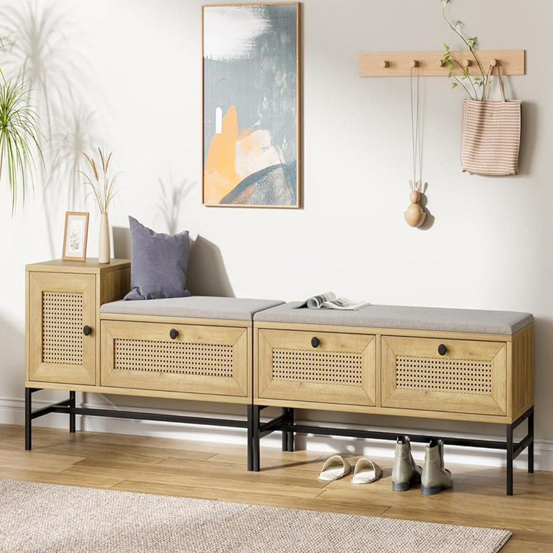 Banc de rangement pour chaussures avec tiroir et armoire, rotin