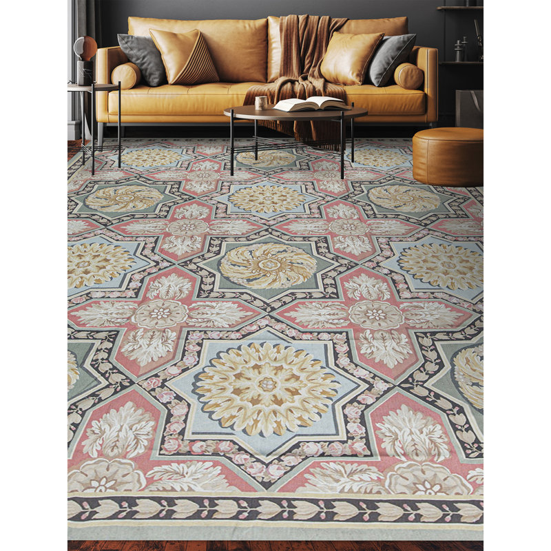 Hand-Knotted High-Quality Green and Rose Area Rug