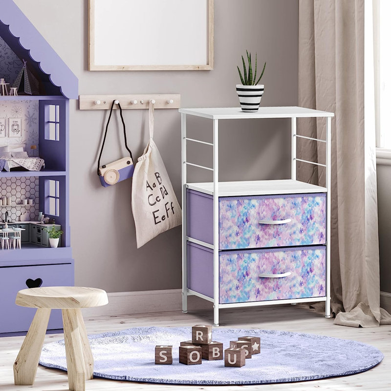 Commode à 2 tiroirs avec table de chevet Sorbus - Mobilier de chambre à coucher, commode de table de bout décorative, structure en acier, tablette et plateau en bois, bacs en tissu (mauve Tie-Dye)