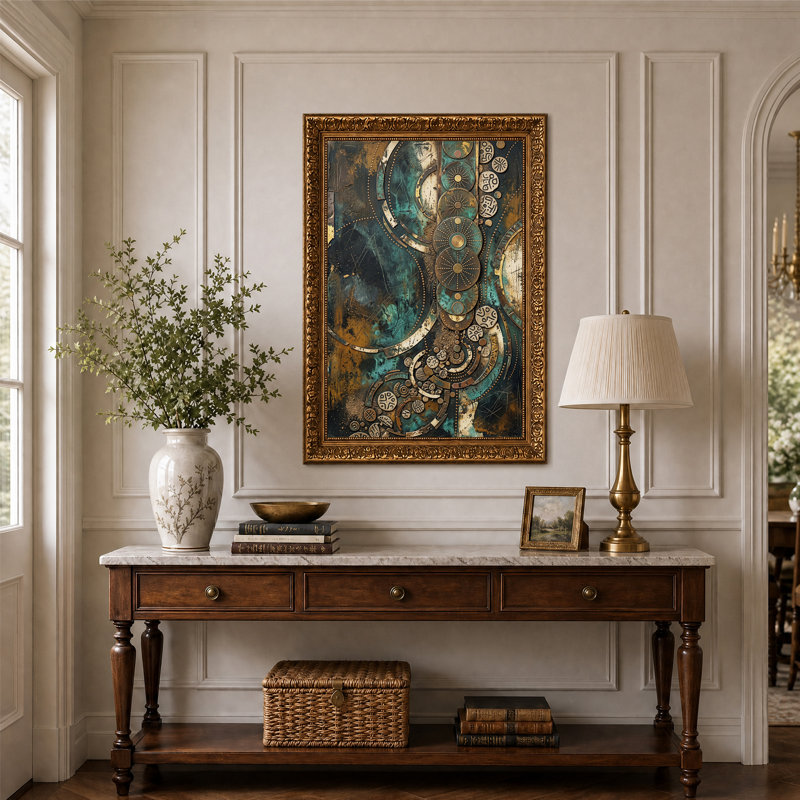 Tableau sur toile aux formes géométriques abstraites turquoise et or, H 24 po x l 16 po