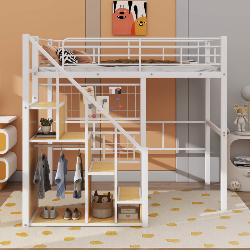 Lit simple en métal surélevé équipé d'un escalier de rangement et d'une armoire encastrée, Blanc