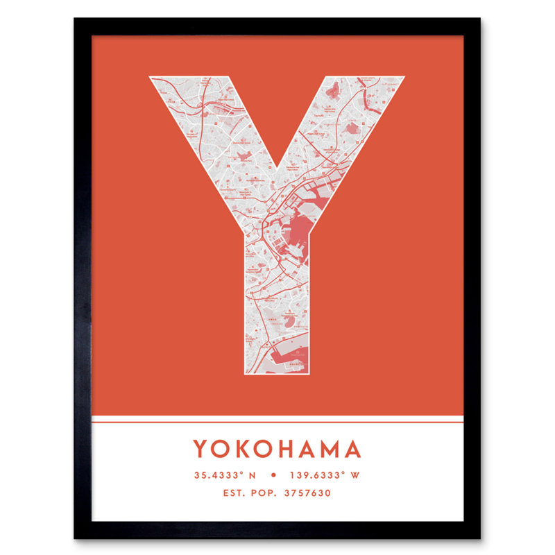 Yokohama City Map Yokohama Orange by Wee Blue Coo - Single Picture Frame Typography