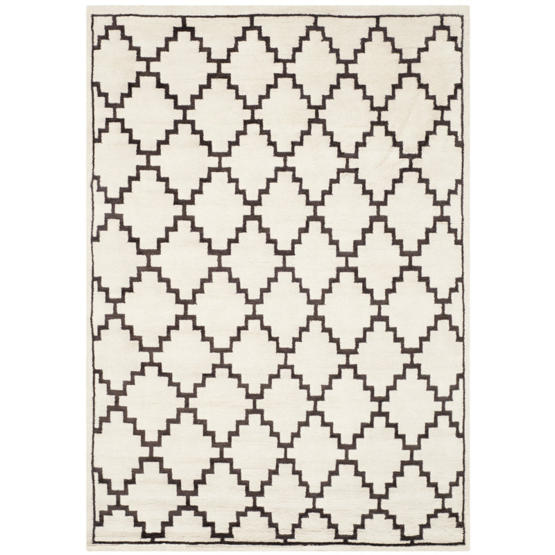 Ivory and Charcoal Hand-Knotted Wool Geometric Rug, 4' x 6'