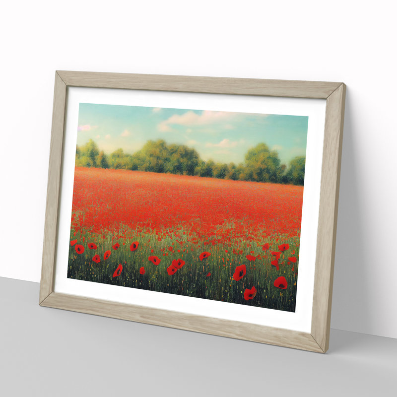 A Lush Poppy Field Flowers - Single Picture Frame Print, 46cm H x 64cm W x 2cm D, Oak