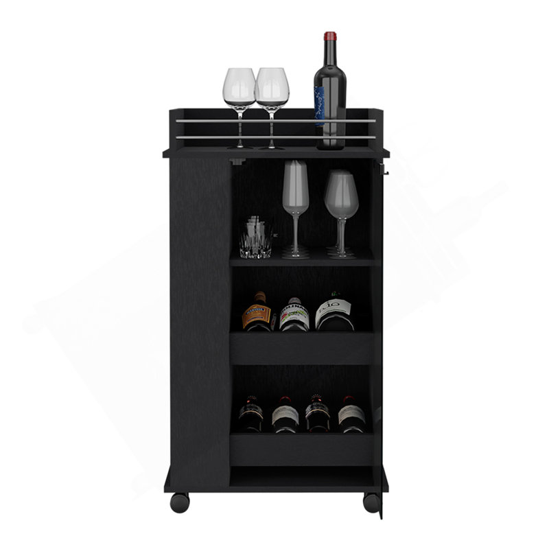 Chariot-bar Baltimore avec roulettes, porte en verre et tablette à 2 côtés, Gris