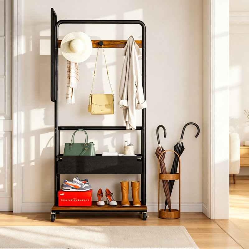 Porte-manteau roulant industriel de 170 cm de hauteur avec miroir et panier de rangement, organisateur d'entrée autoportant