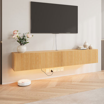 81" Floating TV Stand Wall Mounted w/Power Outlet for TVs up to 85", Fluted Midia Console Entertainment Center with LED Lights, Mid-Century Modern TV Console for Living Room Bedroom, Natural Oak