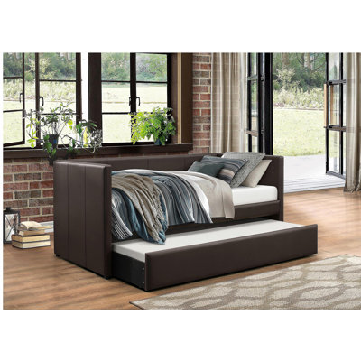 Brown Faux Leather Upholstered Contemporary Daybed with Trundle Wooden Furniture 1pc