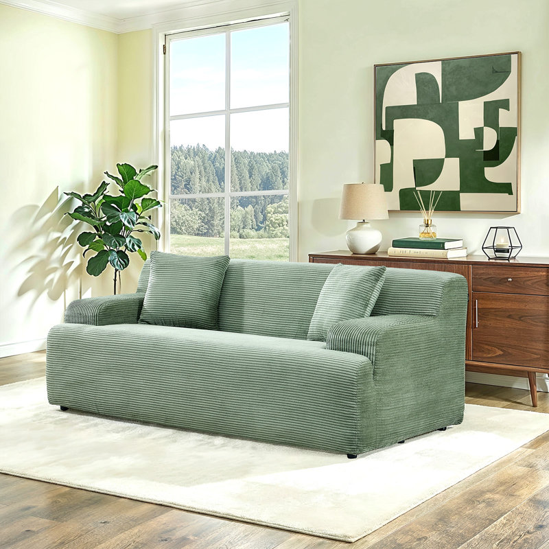 Rolled‑Arm Corduroy 2‑Seater Loveseat Removable Base with Throw Pillows Fully Assembled , Green