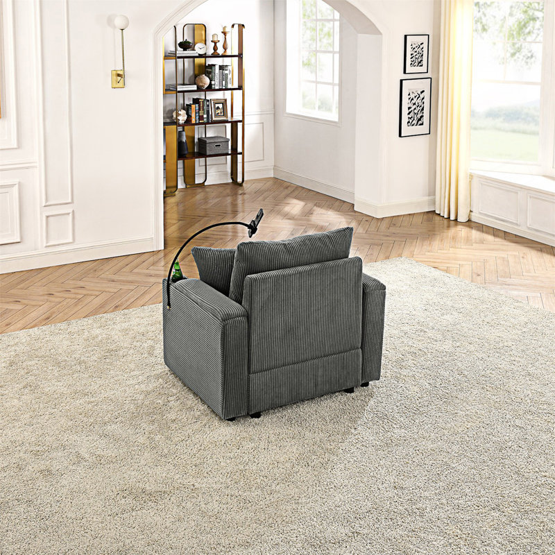 Accent Chair With Storage Armrest And Two Cup Holders, Grey